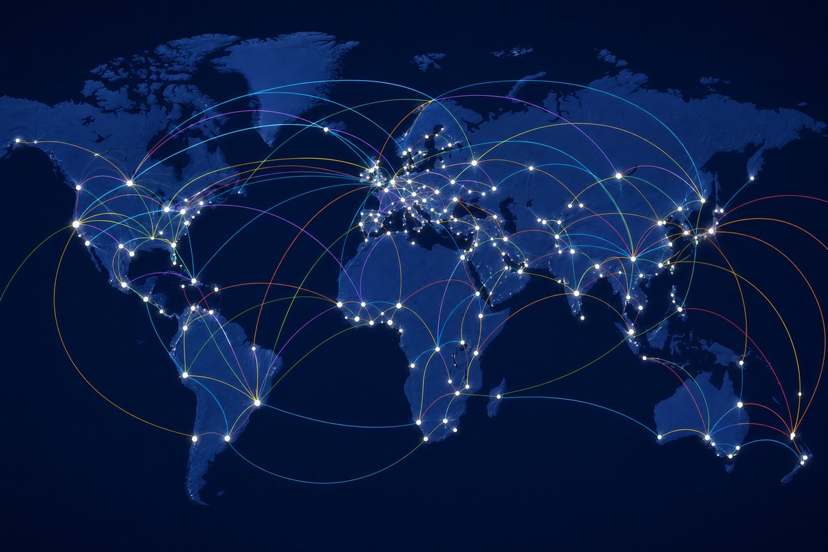 World map with capital cities highlighted and distance lines