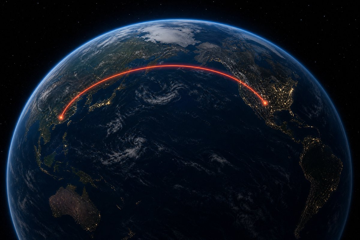Glowing arc connecting two distant cities across the globe at night