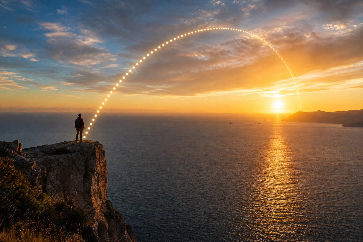 Person standing on a cliff looking at a glowing arc across the horizon